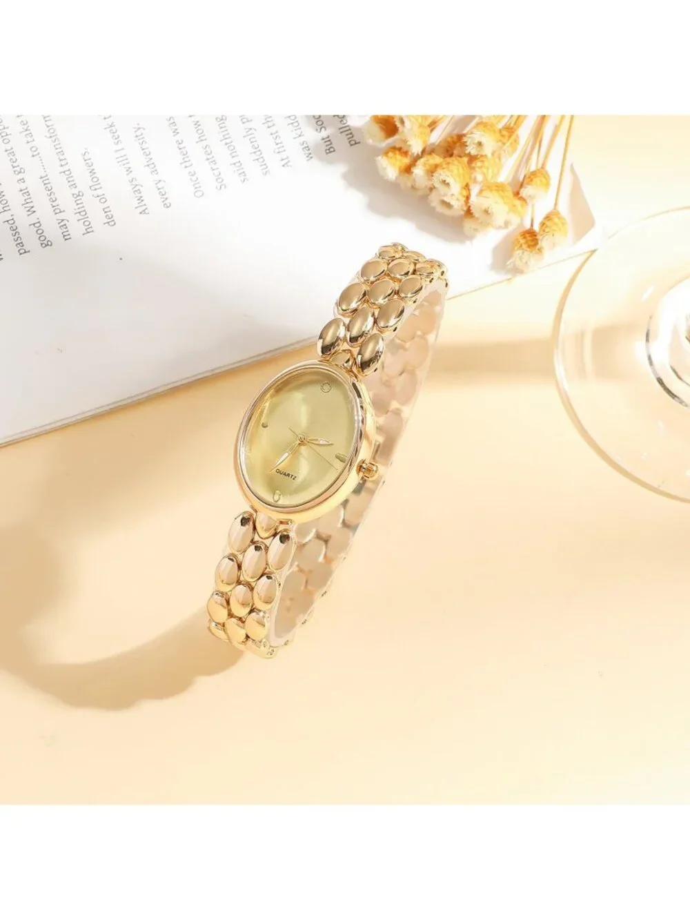 Women’s Gold Lightweight Oval Dial Quartz Analog Elegant Beaded Band Wrist Watch